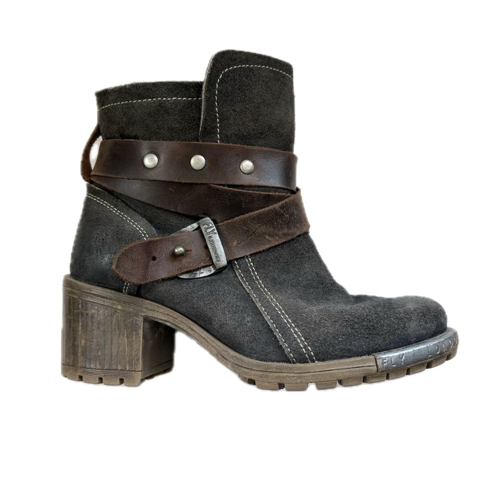 Fly London Black Suede & Brown Leather Strap Ankle Boots